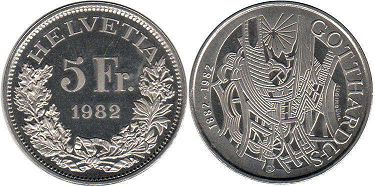 piece Suisse 5 franc 1982 Gotthardus