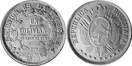 moeda Bolivia 1 boliviano 1873