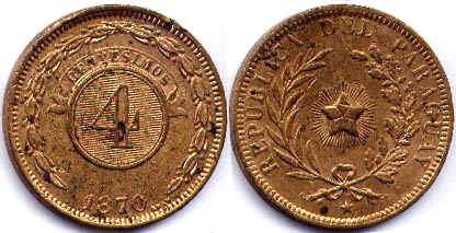 монета Парагвай 4 сентесимо 1870