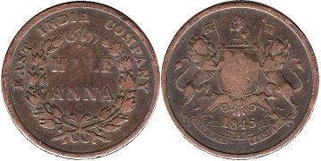 монета Ост-Индская компания 1/2 анны 1845 монета Ост-Индская компания 1/2 анны 1845