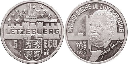 pièce Luxembourg 5 ecu 1993