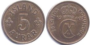 монета Исландия 5 аурар 1940