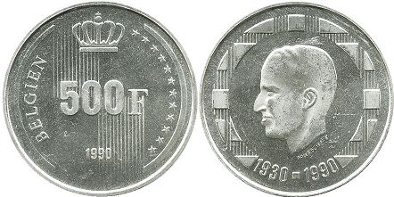 pièce Belgique 500 francs 1990