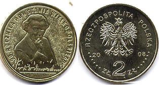 монета Польша 2 злотых 2008