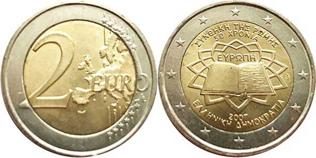 монета Германия 2 евро 2007 монета Греция 2 евро 2007