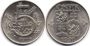 монета Чехословакия 5 крон 1991