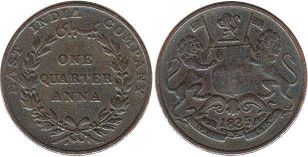 монета Ост-Индская компания 1/4 анны 1835 монета Ост-Индская компания 1/4 анны 1835
