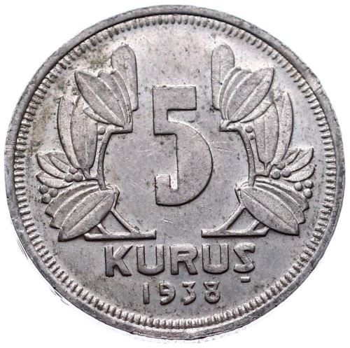 5 куруш 1938 Аверс