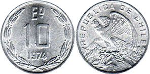 Chile coin 10 escudos 1974px; Chile coin 10 escudos 1974