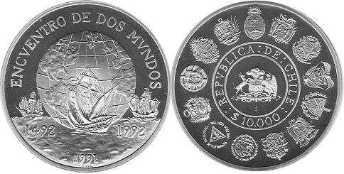 Chile coin 10000 pesos 1991 descubrimiento of Américapx; Chile coin 10000 pesos 1991 descubrimiento of América