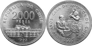 Chile coin 2000 pesos 1993 Casa of Monedapx; Chile coin 2000 pesos 1993 Casa of Moneda