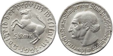 Notgeld Westfalen 5 mark 1921px; Notgeld Westfalen 5 mark 1921