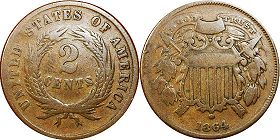 États-Unis pièce 2 cents 1864