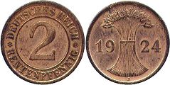 monnaie German Weimar 2 pfennig 1924