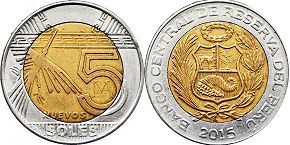 moeda Peru 5 soles 2015 moeda Peru 5 soles 2015