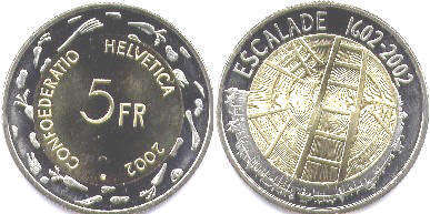монета Швейцария 5 франков 2002