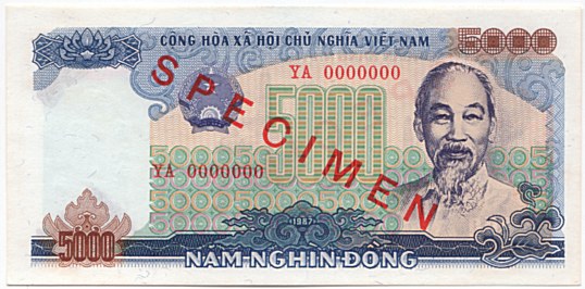 Вьетнам банкнота 5000 донгов 1987 specimen, 5000₫, лицо Вьетнам банкнота 5000 донгов 1987 specimen, 5000₫, лицо
